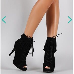 Anne Michelle Fringe Cuff Lace Up Peep Toe Booties